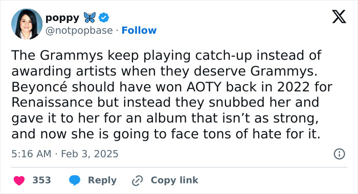 Tweet discussing Grammy snubs hurting fans more than artists, highlighting Beyonc&eacute;'s overlooked 2022 album award.