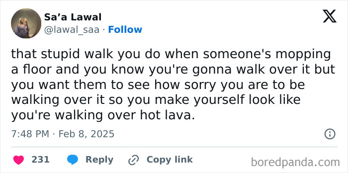 Funny dad joke post from Facebook group describing walking over a wet floor like walking on hot lava.