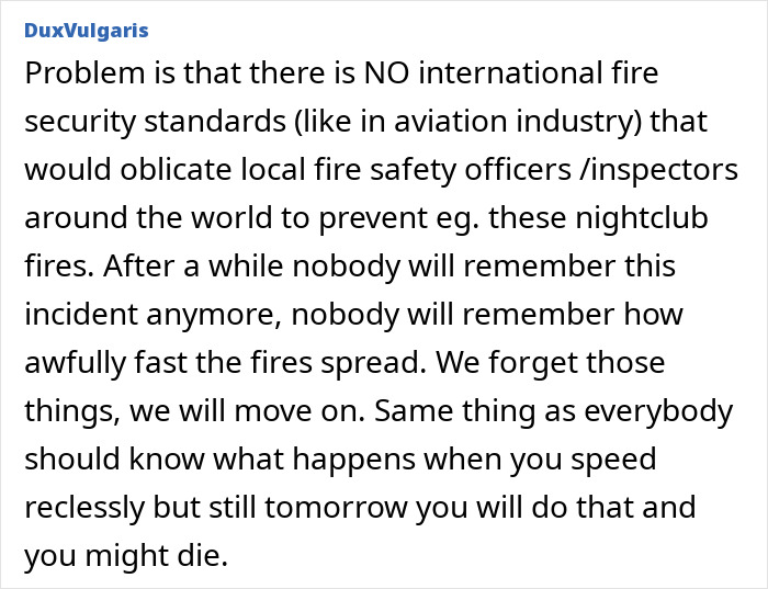 Comment highlighting no international fire security standards and lessons from fast-spreading fires related to Swiss resort blaze tragedy. Comment highlighting no international fire security standards and lessons from fast-spreading fires related to Swiss resort blaze tragedy.