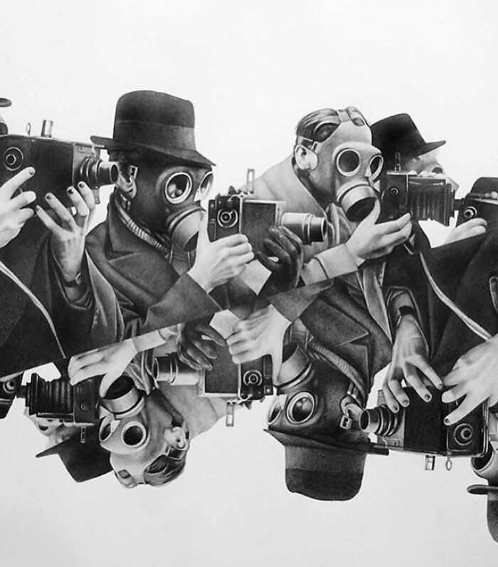 Black and white photo of men wearing gas masks and holding vintage cameras, creating an odd and creepy atmosphere.