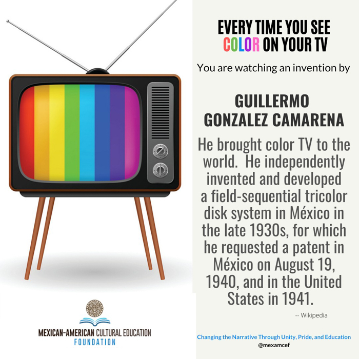 Vintage TV with rainbow color bars beside text about Guillermo Gonzalez Camarena, Fun Facts About Mexico