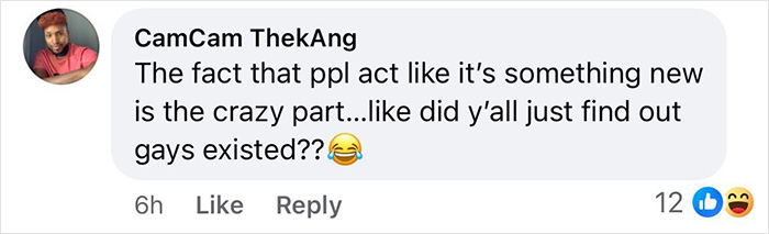 Gay couple comment screenshot: social media user mocks people acting like gays are new, profile photo and 12 reactions. Gay couple comment screenshot: social media user mocks people acting like gays are new, profile photo and 12 reactions.