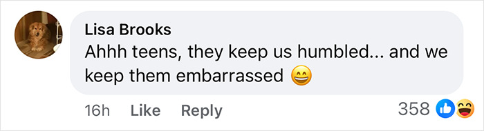 Comment from Lisa Brooks about teens keeping parents humbled and embarrassed, related to Matt Damon's teen daughter roasting his red carpet pose. Comment from Lisa Brooks about teens keeping parents humbled and embarrassed, related to Matt Damon's teen daughter roasting his red carpet pose.