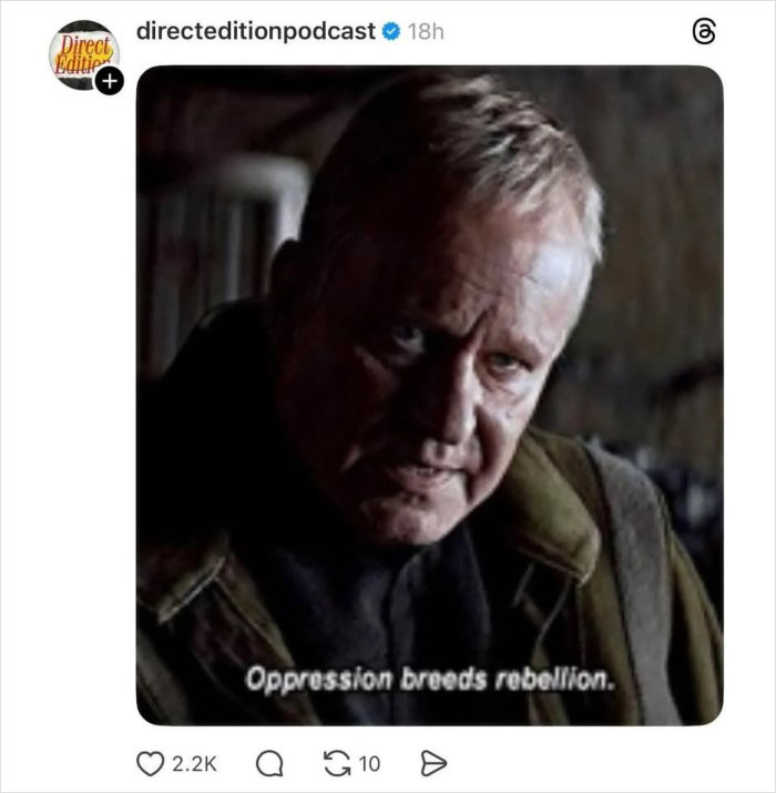 Man with serious expression in dim light, captioned oppression breeds rebellion, related to Disney thread going viral.