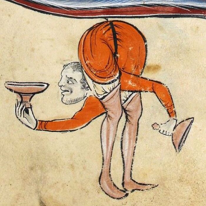 Medieval painting showing a humorous figure bending over with two bowls, perfect for meme captions and punchlines.