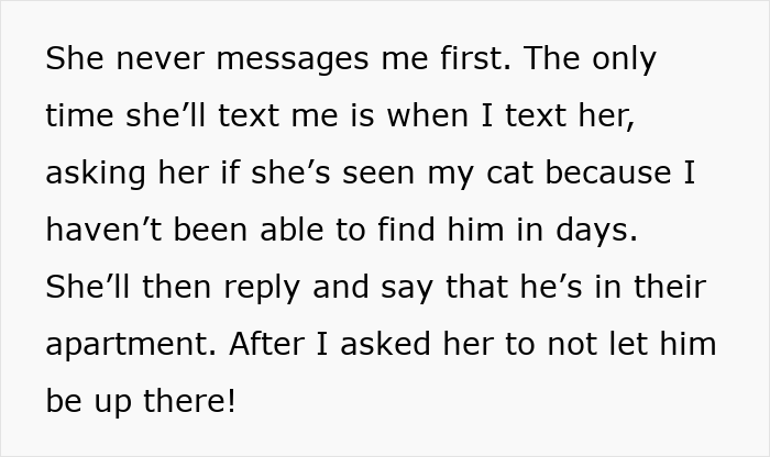 Text message conversation about a cat disappearing for days and the neighbor &lsquo;adopting&rsquo; him in their apartment.