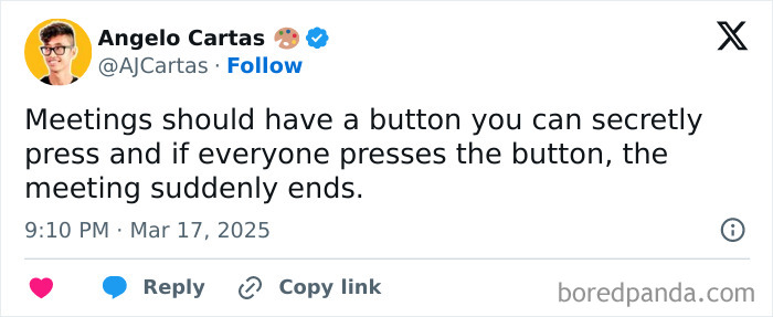 Tweet by Angelo Cartas suggesting a secret button to end meetings instantly, featured in funny energy-saving memes.