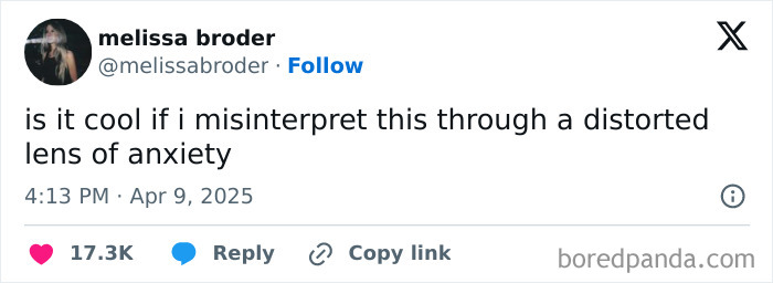 A social media post humorously misinterpreting a situation through a distorted lens of anxiety, a relatable therapy meme.