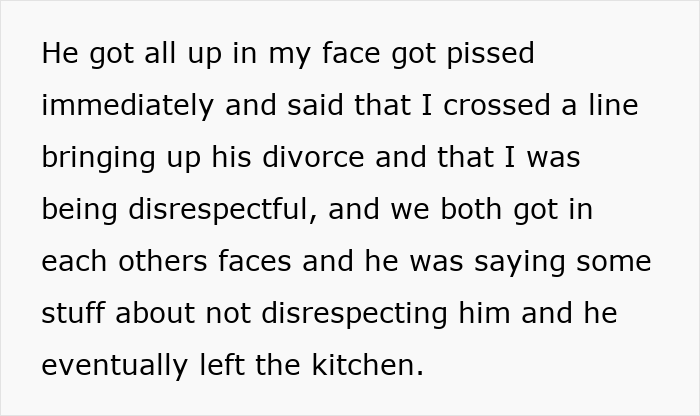 Text excerpt describing conflict between bald and divorced man and nephew over long hair and cooking for girlfriend, leading to argument. Text excerpt describing conflict between bald and divorced man and nephew over long hair and cooking for girlfriend, leading to argument.