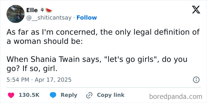 Tweet defining womanhood humorously, featured in feminist posts calling out the patriarchy with bold social commentary.