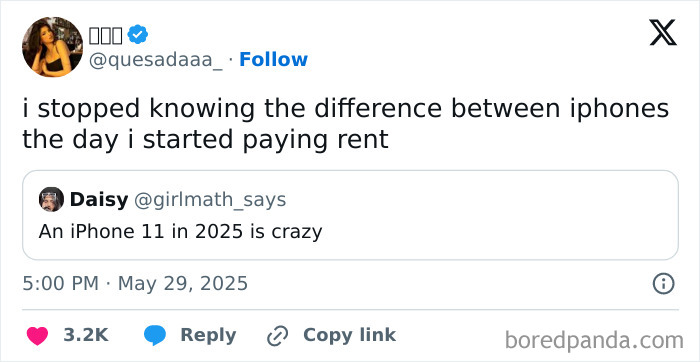 Funny screenshot of a Twitter conversation humorously discussing iPhones and paying rent to distract from responsibilities.