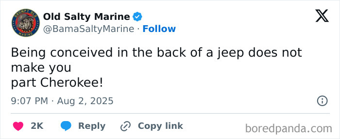 Funny dad joke post on social media with a witty comment about being conceived in the back of a jeep.