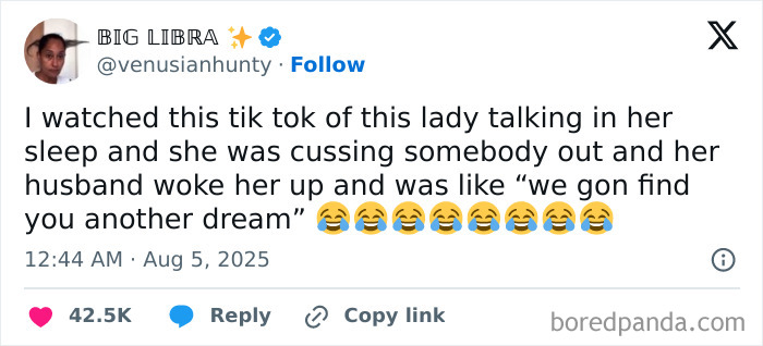 Screenshot of a tweet sharing a funny example of someone talking in their sleep with humorous sleep talk quotes.