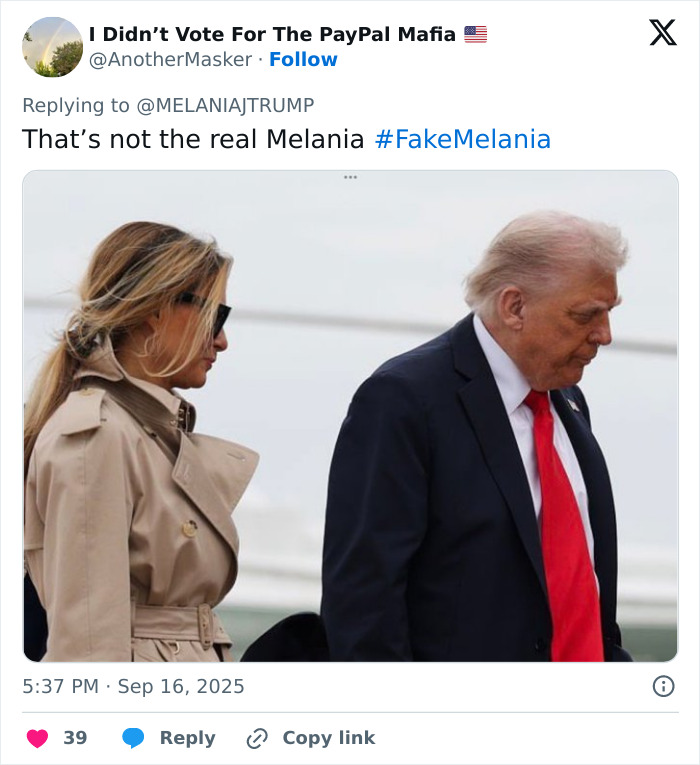 Melania Trump wearing sunglasses and a trench coat showing body language with Donald Trump by her side outdoors. Melania Trump wearing sunglasses and a trench coat showing body language with Donald Trump by her side outdoors.