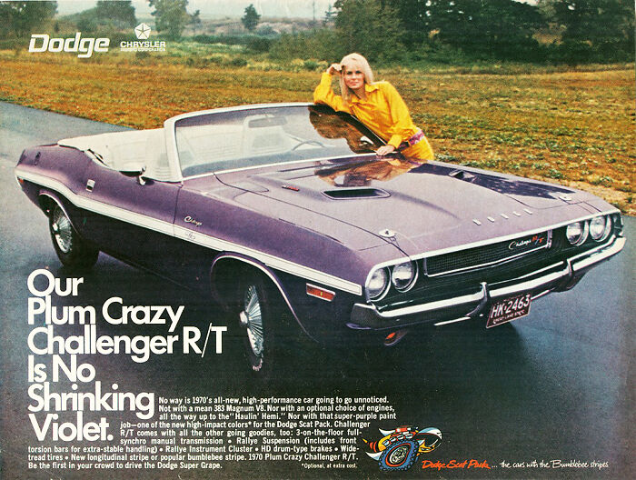 Vintage women's ads featuring a 1970s plum purple Dodge Challenger R/T with a woman posing by the car.
