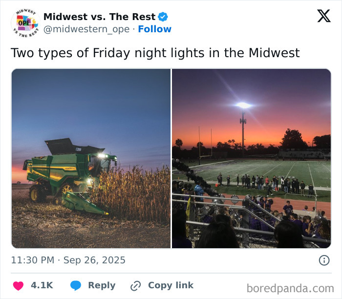 Midwest life meme showing a corn harvester and a high school football field under Friday night lights at sunset.