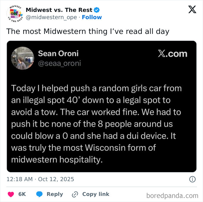 Tweet about Midwest life featuring a story of midwestern hospitality and a humorous car push to avoid a tow.
