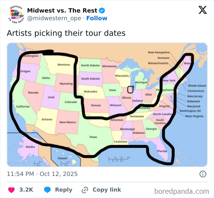 Map of the United States with a hand-drawn border highlighting Midwest life regions and Corn-craving areas.