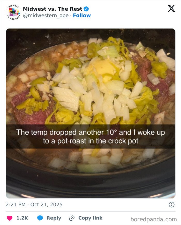 Crock pot with pot roast and chopped onions and peppers, capturing Midwest life and comfort food vibes.