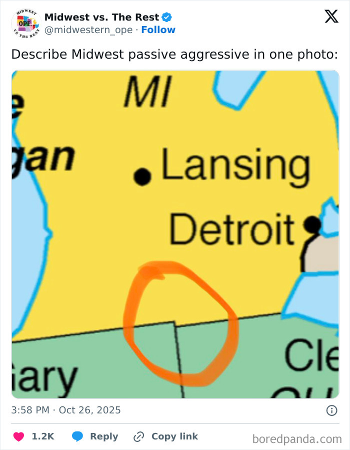 Map meme highlighting a passive aggressive border in Midwest life, reflecting spot-on Midwest humor and culture.