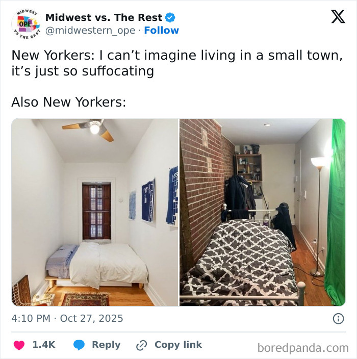 Comparison meme about Midwest life showing two small, narrow bedroom interiors highlighting Midwest living spaces.