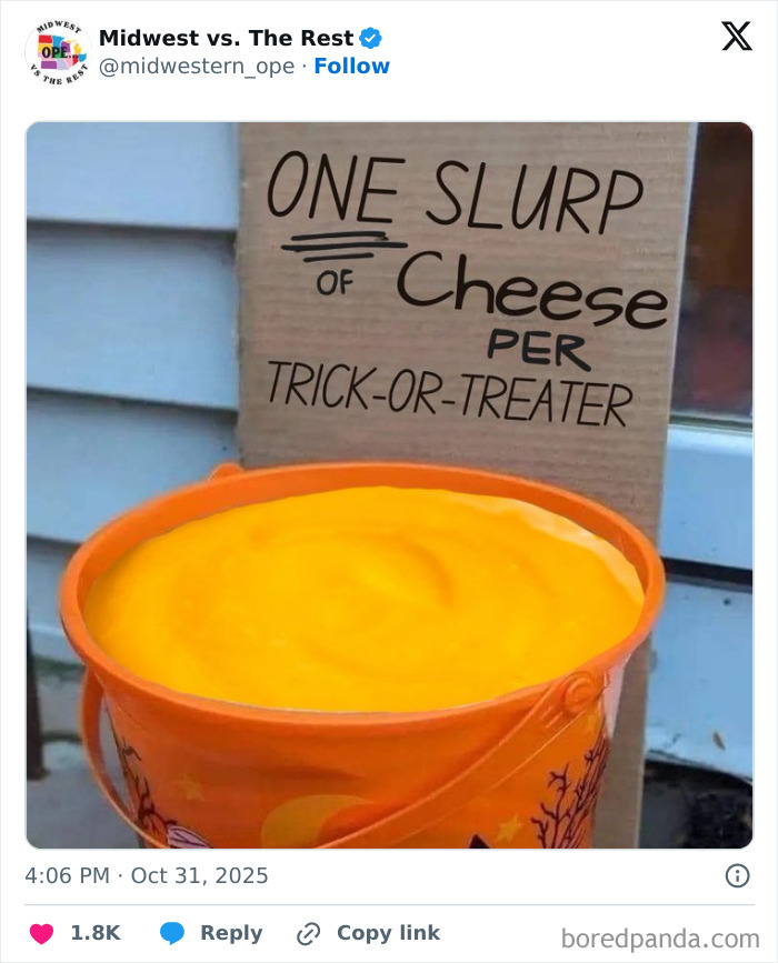 Orange bucket filled with cheese dip next to a sign offering cheese per trick-or-treater, highlighting Midwest life memes.