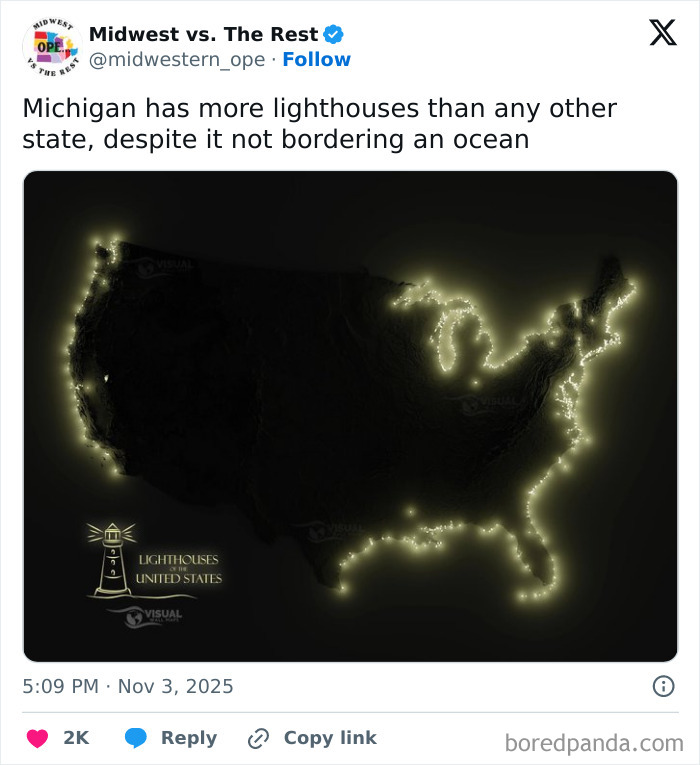 Map of the United States showing illuminated lighthouses highlighting Midwest life with glowing points along the coasts.