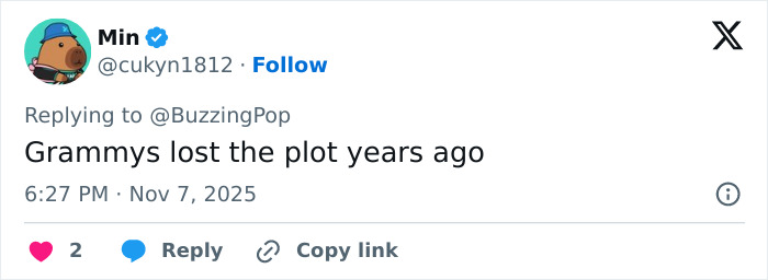 Screenshot of a social media comment expressing frustration about Grammy snubs, highlighting fan reactions and emotions.