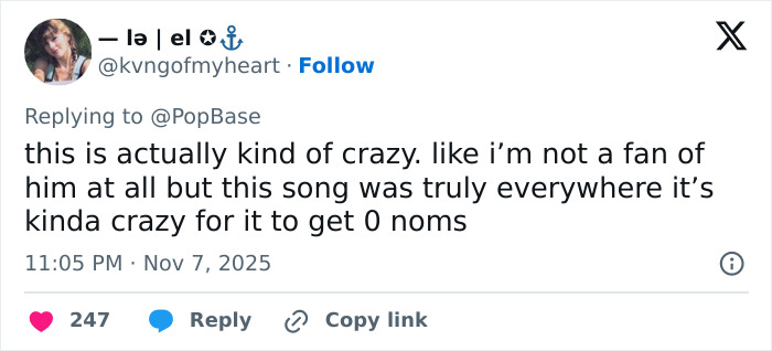 Tweet screenshot showing a fan expressing shock over Grammy snubs and their impact on fans more than artists.