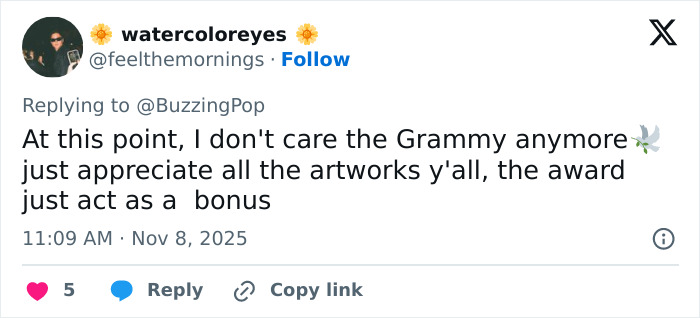 Social media post showing fan reaction highlighting how Grammy snubs hurt fans more than the artists themselves. Social media post showing fan reaction highlighting how Grammy snubs hurt fans more than the artists themselves.