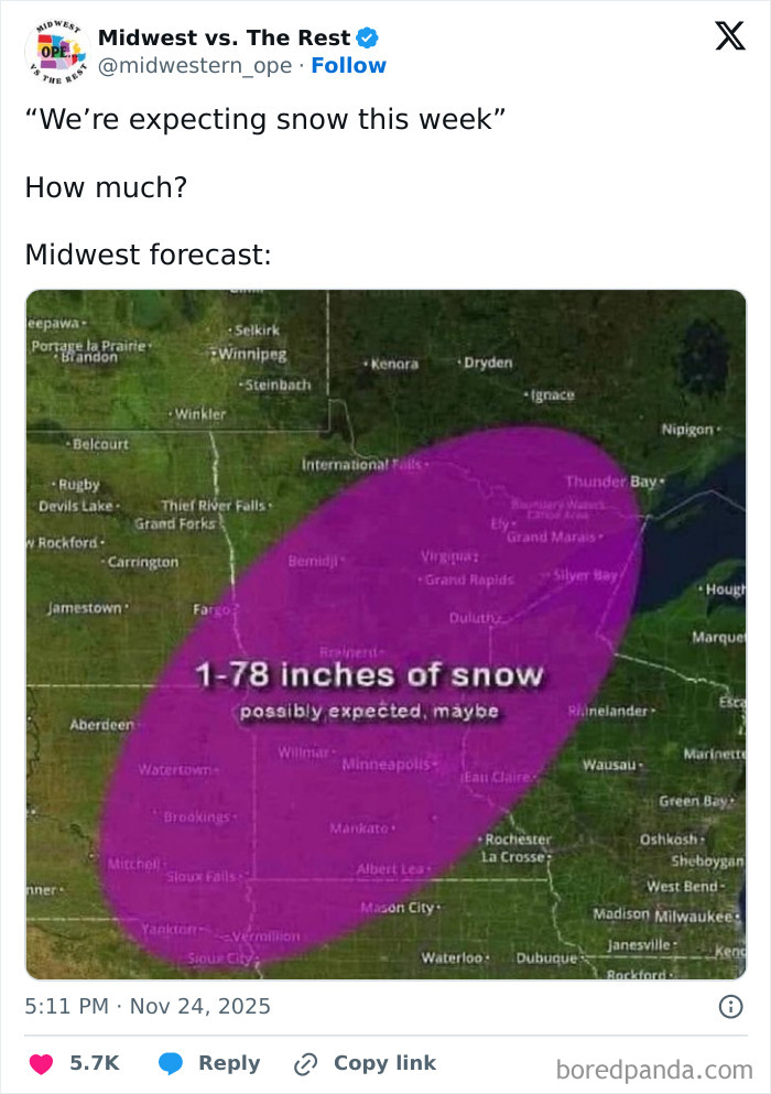 Midwest life meme showing weather map with wide snow forecast humor reflecting spot-on Midwest experiences.