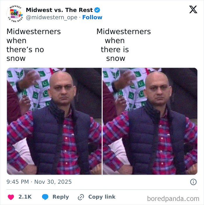 Man in plaid shirt and puffer vest looking unimpressed, illustrating Midwest life memes about snow and weather humor.