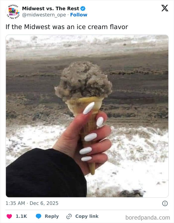 Hand holding an ice cream cone with muddy snow resembling Midwest life in winter, highlighting Midwest memes and Midwest life.