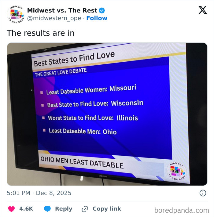 Tweet from Midwest vs The Rest showing results of best states to find love, highlighting Midwest life and dating in Missouri, Wisconsin, Illinois, Ohio.