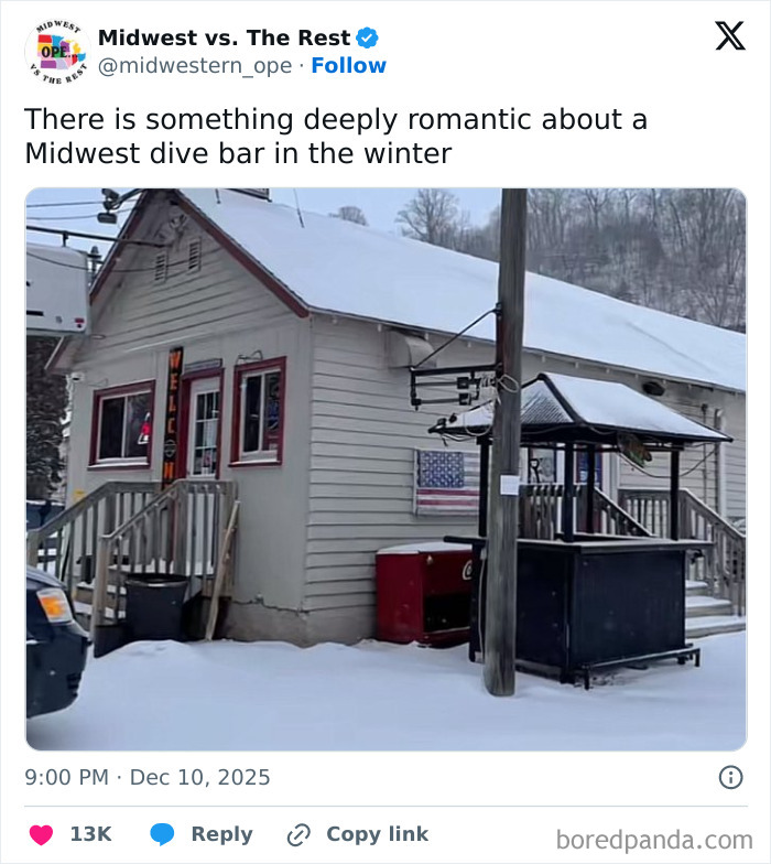 Midwest dive bar covered in snow during winter, capturing the cozy Midwest life vibe with rustic charm.