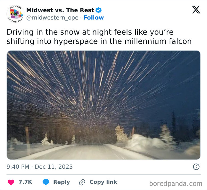 Snowy Midwest road at night with streaks of light creating a hyperspace effect, capturing Midwest life humor and corn cravings.