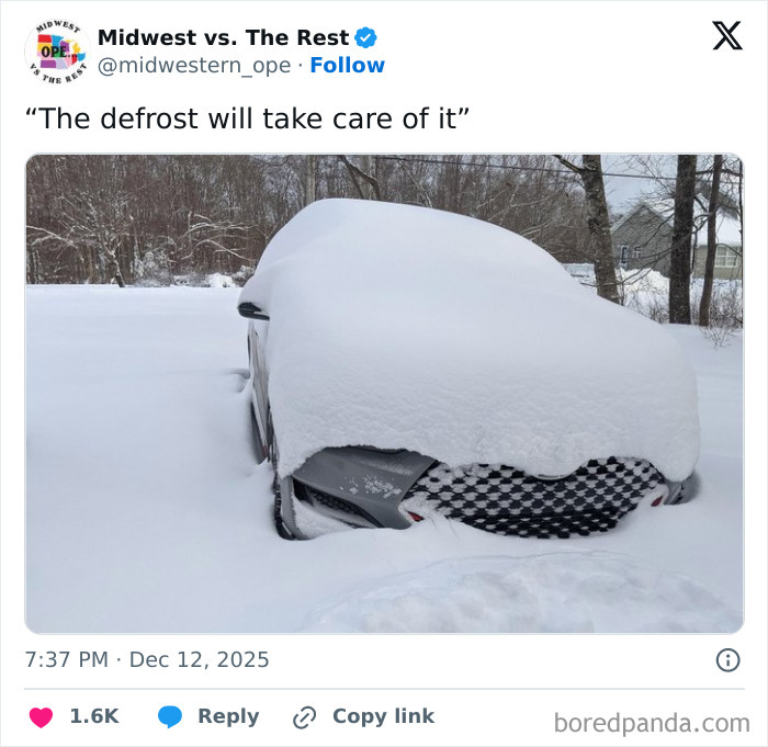 Car covered in heavy snow illustrating Midwest life and winter challenges in a residential snowy landscape.