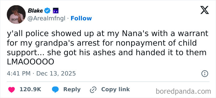 Elderly woman with glasses holding a plant pot, paired with a funny screenshot about a police warrant and ashes.