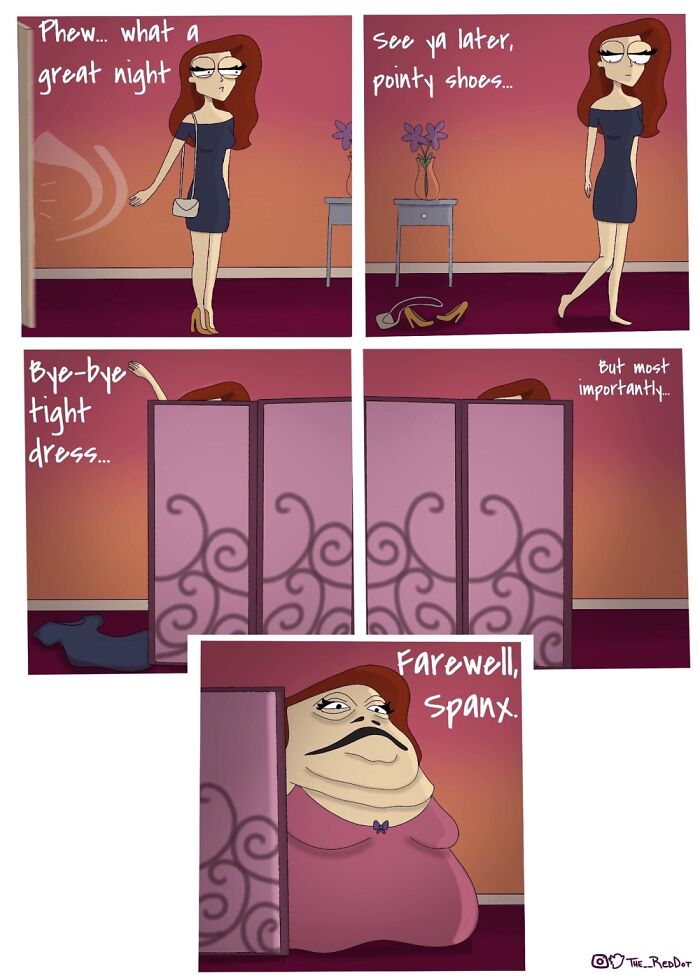 A bold and unfiltered comic showing a woman removing her dress and Spanx, revealing a humorous transformation.