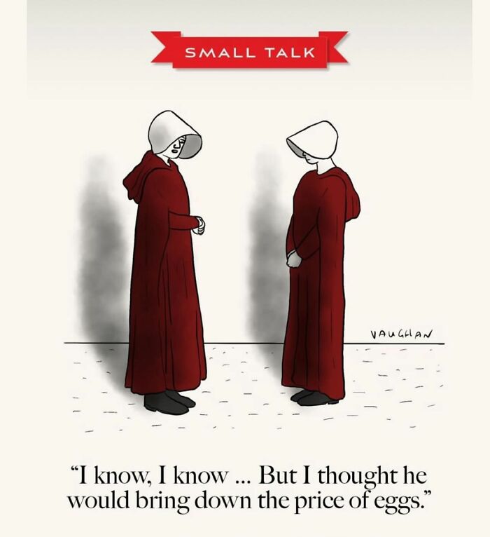 Two women in red cloaks and white bonnets share comedy about eggs, showcasing humor in a comic art style.