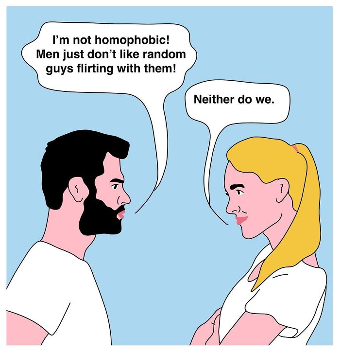 Studio Stoutpoep illustration of a bearded man and woman facing off with speech bubbles debating flirting and homophobia