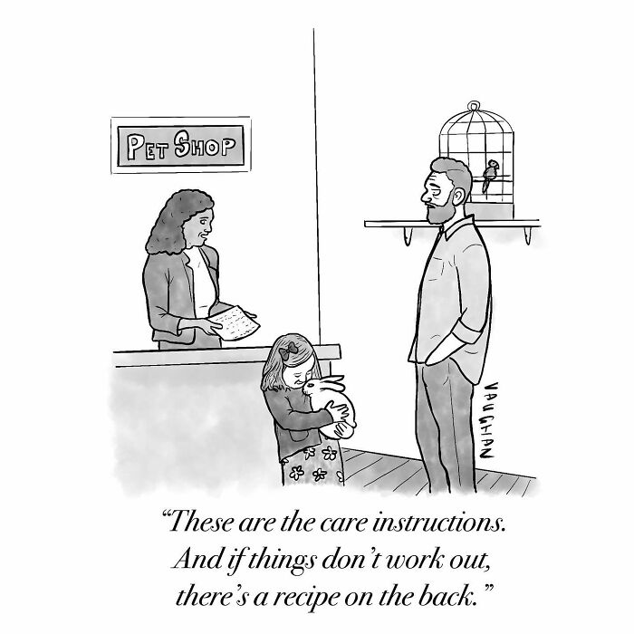 Man, woman, and child in a pet shop with a bunny, illustrating comedy from anywhere in a comic style.