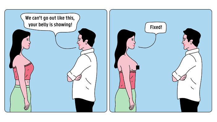 Studio Stoutpoep illustration of two-panel comic: man complains about belly, woman adds a black bar to fix it
