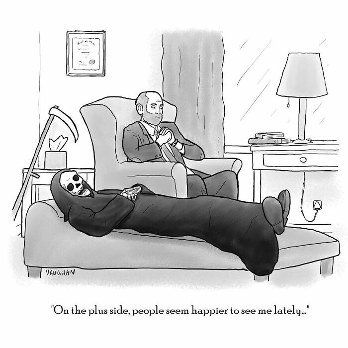 Cartoon of a skeleton therapist and a man on a couch, illustrating comedy with dark humor and unique comics style.