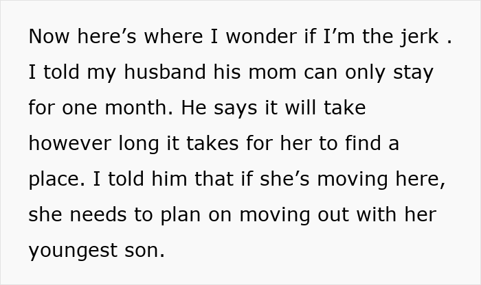 Text excerpt discussing wife setting limits on husband's mom staying with them, showing family conflict over relatives living together.