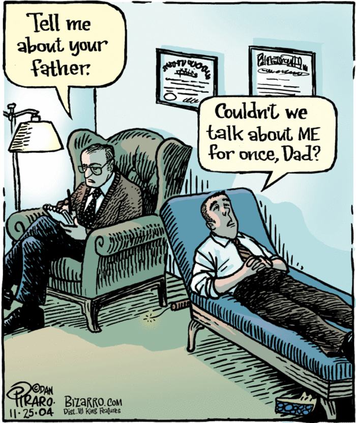 Cartoon by Dan Piraro depicting a therapy session capturing relatable moments in modern life with humor and insight.