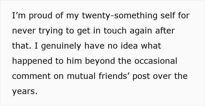 White text block: woman proud of her twenty-something self, reflecting on ex after man breaks off engagement via his dad