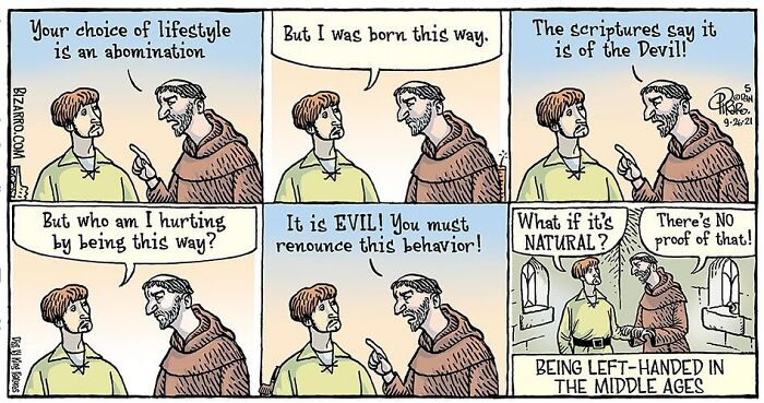 Cartoon depicting a medieval debate on lifestyle choices, capturing relatable moments in modern life through Dan Piraro's art.