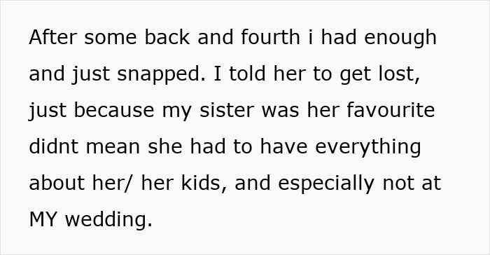 Alt text: Woman expresses frustration after mom tries to force inclusion of sister’s unruly kids at her wedding and gets uninvited. Alt text: Woman expresses frustration after mom tries to force inclusion of sister’s unruly kids at her wedding and gets uninvited.