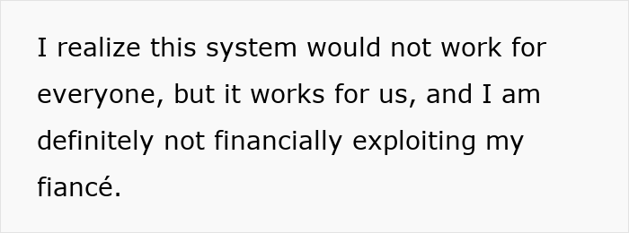 Alt text: Text explaining a personal view on not financially exploiting fiancé in a relationship involving money and wedding planning. Alt text: Text explaining a personal view on not financially exploiting fiancé in a relationship involving money and wedding planning.